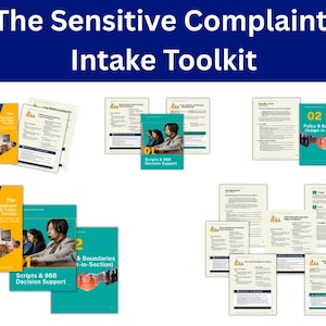 May include: The image displays a toolkit titled "The Sensitive Complaint Intake Toolkit." It includes several booklets and loose pages. The booklets are blue, yellow, and teal, with titles like "Scripts & 988 Decision Support" and "Policy & Boundaries." A blue circle indicates the toolkit has 79 pages.