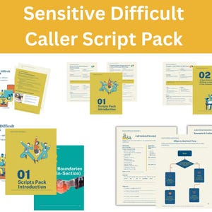 Peut inclure: Ensemble de documents intitulé "Sensitive Difficult Caller Script Pack". Les documents comprennent des introductions de scripts, des limites et des informations relatives aux appels. Le pack contient 30 pages et présente des illustrations de personnes.