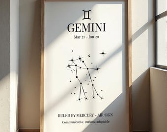 Gemini Birthday Gift, Minimal Constellation Print, Astrology Wall Art, Digital Download, Printable Star Sign Decor