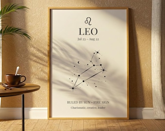 Leo Birthday Gift, Minimal Constellation Print, Astrology Wall Art, Digital Download, Printable Star Sign Decor