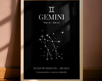 Gemini Birthday Gift, Minimal Constellation Print, Astrology Wall Art, Digital Download, Printable Star Sign Decor