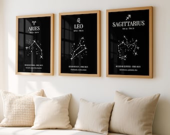 Fire Signs Zodiac Gift Set, Black Edition, Aries Leo Sagittarius Printable Wall Art, Astrology Digital Download