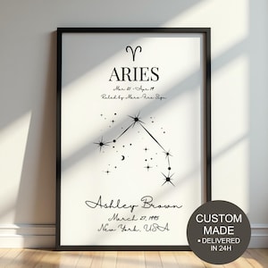 Aries Personalized Zodiac Wall Art Gift Custom Script Astrology Print Star Map Poster Decor