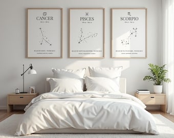 Water Signs Zodiac Art Print Set White Edition Astrology Gift Cancer Scorpio Pisces