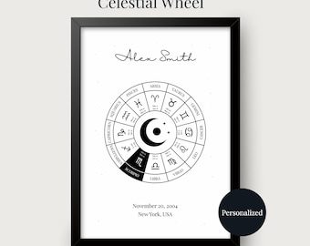 May include: A framed white print featuring the text Personalized Celestial Wheel, the name Alex Smith, and a circular zodiac chart with a central moon icon. The Scorpio section is highlighted in black. Includes the date November 20, 2004, and location New York, USA.