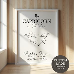 Capricorn Personalized Zodiac Wall Art Gift Custom Script Astrology Print Star Map Poster Decor