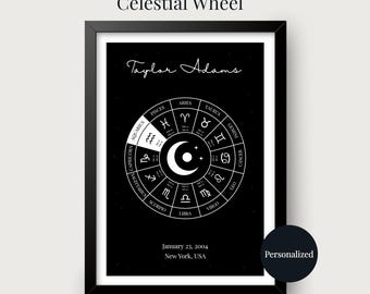 May include: A framed black and white print featuring a celestial wheel with twelve zodiac signs, a central crescent moon, and the text Taylor Adams, January 23, 2004, and New York, USA. The Aquarius section is highlighted in white.