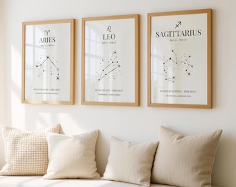 Fire Signs Zodiac Gift Set, White Edition, Aries Leo Sagittarius Printable Wall Art, Minimal Astrology Digital Download