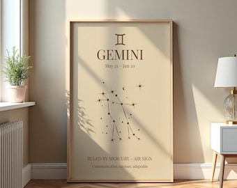 Gemini Birthday Gift, Minimal Constellation Print, Sand Edition Astrology Wall Art, Digital Download, Printable Star Sign Decor