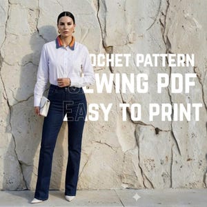 May include: A white long-sleeved button-down shirt with a colorful crochet collar, dark blue denim jeans, and a white clutch. The text CROCHET PATTERN SEWING PDF EASY TO PRINT is overlaid on the image.