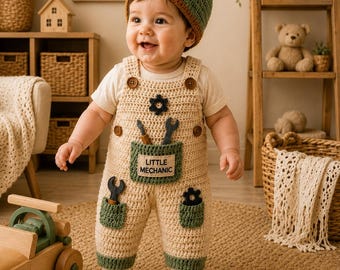 Little Mechanic Häkelanleitung PDF, Baby Overall und Mütze Häkelanleitung, Mechaniker Baby Outfit, Neugeborenen Fotorequisite, Instant Download