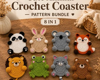 Tier häkeln Untersetzer Muster Bundle PDF, niedliches Amigurumi Coaster Set, 8-in-1 häkeln Tieruntersetzer, Anfänger Häkelanleitung