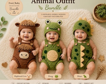 Tier Baby Häkelanleitung Bundle PDF | Frosch, Dinosaurier & Highland Kuh Romper Set | Baby Outfit Häkelanleitung