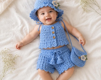 Baby Strand Outfit Häkelmuster PDF, Baby Sommer Häkel Set, Mütze Shorts Top und Tasche Muster, Instant Download