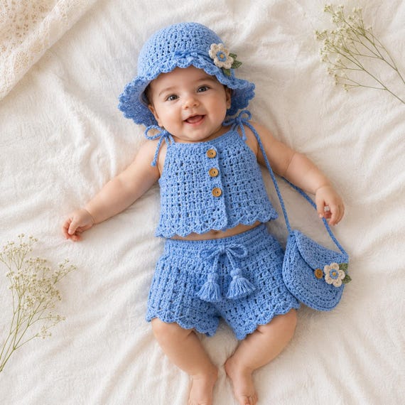 Crochet Baby Beach Outfit Pattern PDF, Baby Summer Crochet Set, Hat Shorts Top and Bag Pattern, Instant Download