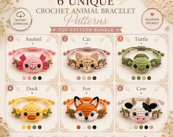 Tier Armband Muster Bundle PDF, Amigurumi Armband Muster, Axolotl Katze Schildkröte Ente Fuchs Kuh häkeln