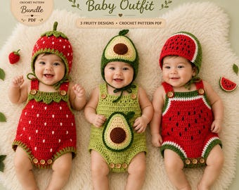 Fruit Baby Häkelanleitung Bundle PDF | Erdbeer Avocado Wassermelone Baby Outfit Patterns | Sofort Download