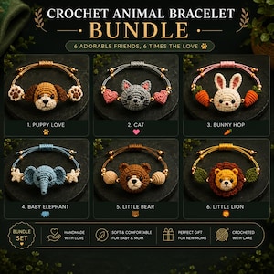 Op de afbeelding: Een set van zes gehaakte dierenarmbanden met een puppy, kat, konijn, olifant, beer en leeuw. Elke armband heeft een gehaakt dierenhoofd in het midden met bijpassende bedels aan de zijkanten. De tekst op de afbeelding is CROCHET ANIMAL BRACELET BUNDLE.