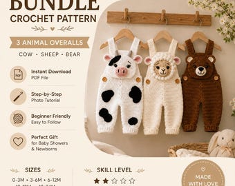 Baby Tier Overall Häkelanleitung Bundle PDF | Kuh Schaf Bär Strampler Muster | Neugeborenen Baby Outfit Häkelanleitung | Sofort Download