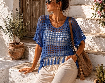 Blaues Netz Strand Top Häkelanleitung PDF | Quaste Überdecken Tutorial | Anfänger Freundliches Sommer Top | Sofort Download