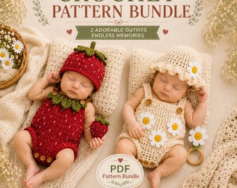 Baby Outfit Pattern Bundle PDF | Strawberry Strampler & Gänseblümchen-Gesamt-Set | Neugeborenen Baby Kleidung Häkelanleitung | Sofort Download