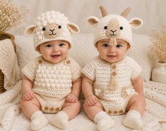 Baby Schaf & Ziege Romper Häkelanleitung Bundle PDF | Bauernhof Tier Baby Outfit Muster | Neugeborene häkeln Kleidung