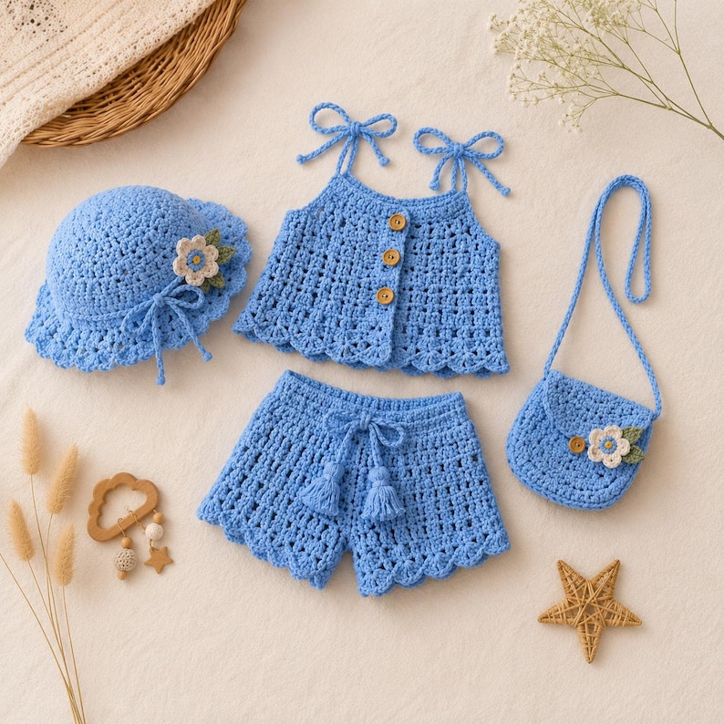 May include: A light blue crochet set consisting of a sun hat with a flower accent, a sleeveless top with tie straps and three wooden buttons, matching shorts with a tasseled drawstring, and a small shoulder bag with a matching flower detail.