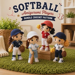 Paquete de patrones de amigurumi de softbol en PDF / 4 adorables muñecos de jugadoras