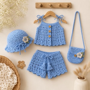May include: A light blue crochet set consisting of a sleeveless top with three wooden buttons, shorts with a drawstring tassel tie, a bucket hat with a floral accent, and a small matching shoulder bag, all featuring a scalloped edge design.