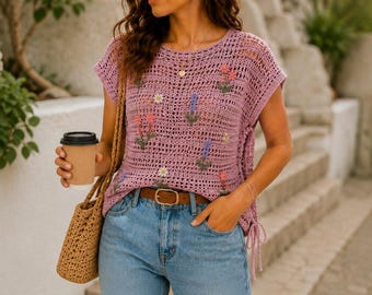 Floral häkeln Mesh Top Pattern PDF, Boho Sommer Häkelshirt, Blumen häkeln Cover Up, Anfänger häkeln Top Muster