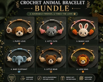 Tier Armband Häkelanleitung Bundle PDF | 6 süsse Amigurumi Armband-Muster | Hund Katze Hase Bär Elefant Löwe | Sofort Download