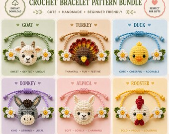 Gehaakte armband boerderij dieren patroon bundel pdf, geit eend ezel haan kalkoen alpaca, DIY armband, instant download
