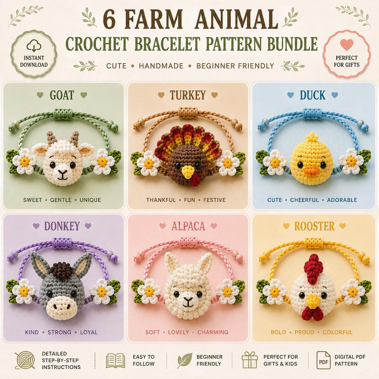 38 Crochet Jewellery Patterns with Brooches, Earrings, Bracelets 11 6 Farm Animal Crochet Bracelet Patterns