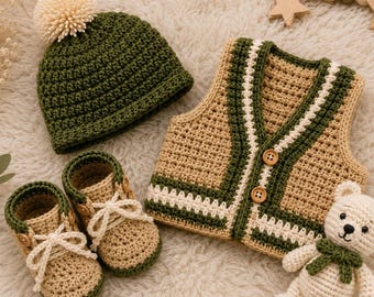 Baby Jungen Outfit Häkelanleitung PDF | Gehäkelte Neugeborene Weste Mütze Stiefel Set | Einfach zu häkeln Säuglingskleidung | Neutrales Herbst-Babypartygeschenk