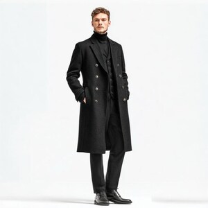 Men’s Wool Trench Coat – Full Length Winter Overcoat – Classic Black Formal Coat