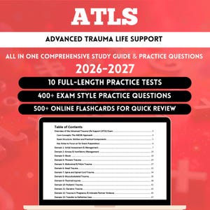 Op de afbeelding: Een laptop toont de inhoudsopgave voor een Advanced Trauma Life Support (ATLS) studiehandleiding. De afbeelding bevat de tekst "ATLS" en "Advanced Trauma Life Support". Extra tekst bevat "2026-2027" en details over oefentests en flashcards.