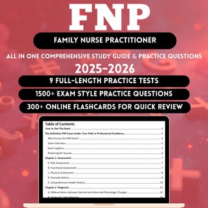 Könnte beinhalten: Ein Studienführer für Family Nurse Practitioner (FNP)-Prüfungen mit dem Titel "FNP" in großen Buchstaben. Der Leitfaden enthält Übungstests, Fragen im Examensstil und Online-Karteikarten. Ein Laptop zeigt das Inhaltsverzeichnis.