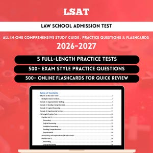 May include: A red digital study guide for the LSAT Law School Admission Test 2026-2027. It features 5 full-length practice tests, 500+ exam style practice questions, and 500+ online flashcards. A laptop screen displays the table of contents.