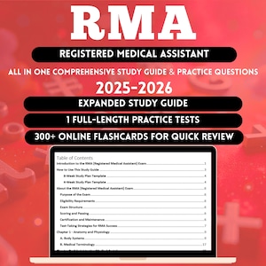 Puede incluir: Imagen digital de un portátil que muestra una guía de estudio para el examen de Asistente Médico Registrado (RMA). La guía incluye pruebas prácticas y tarjetas didácticas en línea. El texto del título dice "RMA REGISTERED MEDICAL ASSISTANT 2025-2026".
