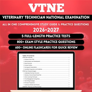 May include: A study guide for the Veterinary Technician National Examination (VTNE) for 2026-2027. The red background features the title and study resources, including practice tests, questions, and online flashcards. A laptop displays the table of contents.