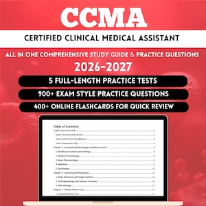 Può includere: Una guida allo studio CCMA per il 2026-2027, con il testo "CERTIFIED CLINICAL MEDICAL ASSISTANT". La copertina include informazioni su test pratici, domande d'esame e flashcard online. Un laptop mostra un sommario.