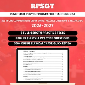 May include: A red study guide cover for the RPSGT Registered Polysomnographic Technologist exam 2026-2027. It lists 5 full-length practice tests, 800+ exam style practice questions, and 500+ online flashcards, featuring a laptop displaying a table of contents.