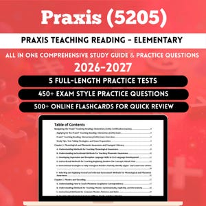 May include: A study guide for the Praxis Teaching Reading - Elementary exam, valid for 2026-2027. The cover displays the title, exam number, and key features: practice tests, exam-style questions, and online flashcards. A laptop shows the table of contents.