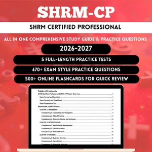 Może przedstawiać: Laptop wyświetla przewodnik po egzaminie SHRM-CP. Tytuł brzmi "SHRM CERTIFIED PROFESSIONAL" z latami "2026-2027". Przewodnik oferuje "5 pełnych testów praktycznych" i "670+ pytań egzaminacyjnych". Widoczny jest spis treści.
