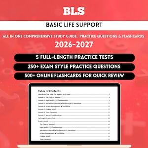 Könnte beinhalten: Ein rotes Studienhandbuch mit dem Titel BLS BASIC LIFE SUPPORT 2026-2027. Es listet 5 vollständige Übungstests, 250+ prüfungsrelevante Fragen und 500+ Online-Lernkarten auf. Ein Laptop-Bildschirm zeigt das Inhaltsverzeichnis der BLS-Prüfung.
