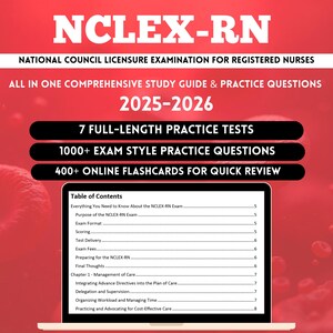May include: A laptop screen shows the contents of an NCLEX-RN study guide. The guide, titled "NCLEX-RN," is for registered nurses and includes practice tests, questions, and flashcards. Topics covered include exam format, scoring, and care management.