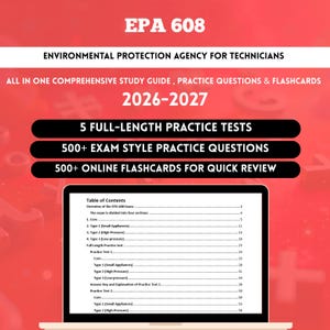 Puede incluir: Una guía de estudio roja para el examen EPA 608, edición 2026-2027. El texto detalla 5 exámenes de práctica completos, más de 500 preguntas de estilo examen y más de 500 tarjetas de memoria. Una pantalla de portátil muestra un índice.