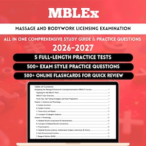 May include: A red and white graphic promoting the MBLEx Massage and Bodywork Licensing Examination. The text includes "2026-2027" and highlights study materials: practice tests, exam-style questions, and online flashcards. A laptop displays a table of contents.