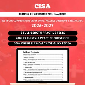 May include: A CISA Certified Information Systems Auditor study guide for 2026-2027 on a red background. It features 5 full-length practice tests, 700+ exam style practice questions, 500+ online flashcards, and a laptop screen showing a table of contents.