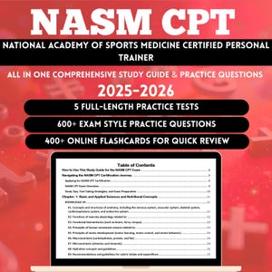 Op de afbeelding: Een rood-witte afbeelding die de NASM CPT-certificering voor personal trainers promoot. De afbeelding bevat tekst voor een studiehandleiding met oefenvragen, oefentests, examenvragen en online flashcards. Een laptop toont een inhoudsopgave.